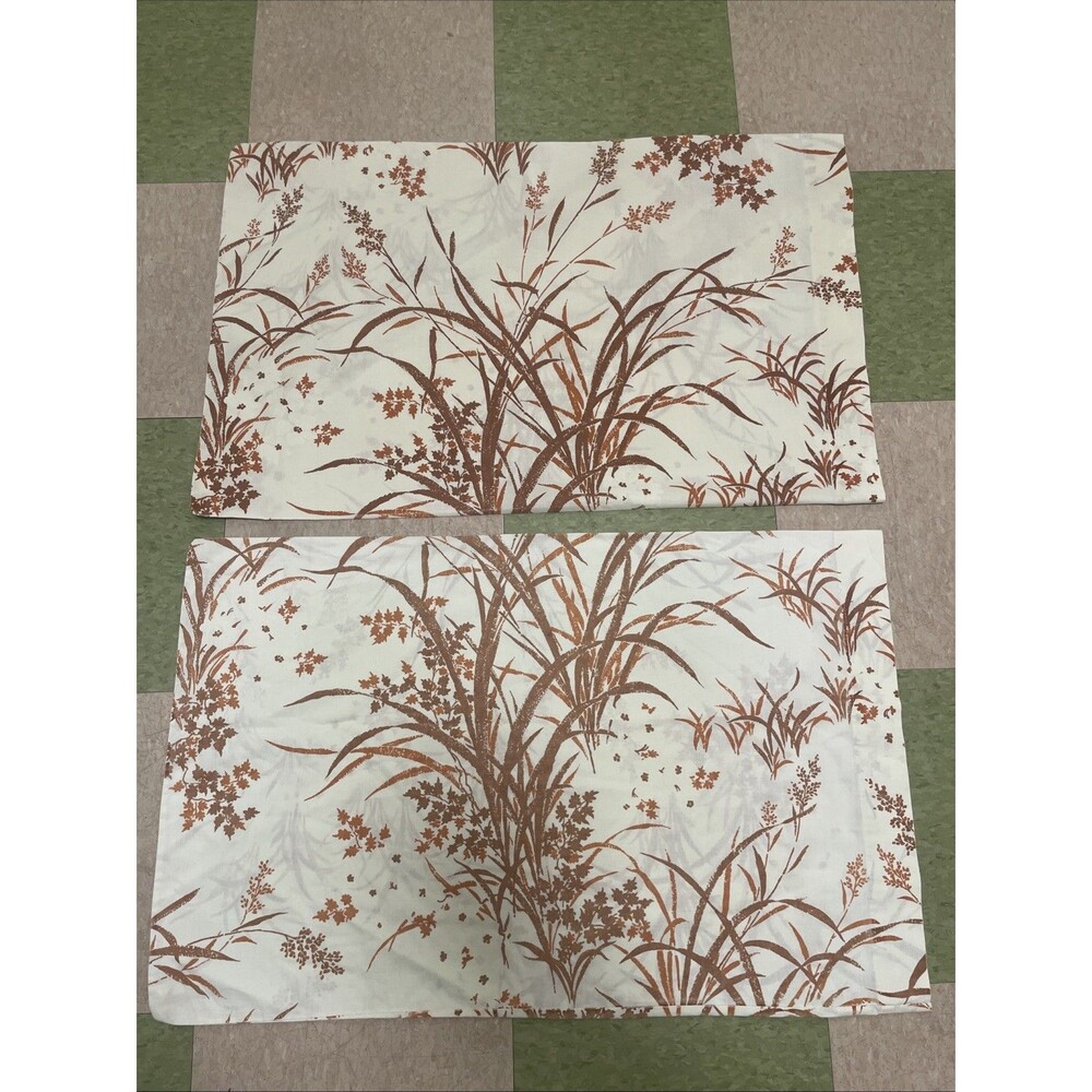 Pair Vintage 70s Sears Pillowcases Orange Brown Floral Shabby Chic Stems Leaves